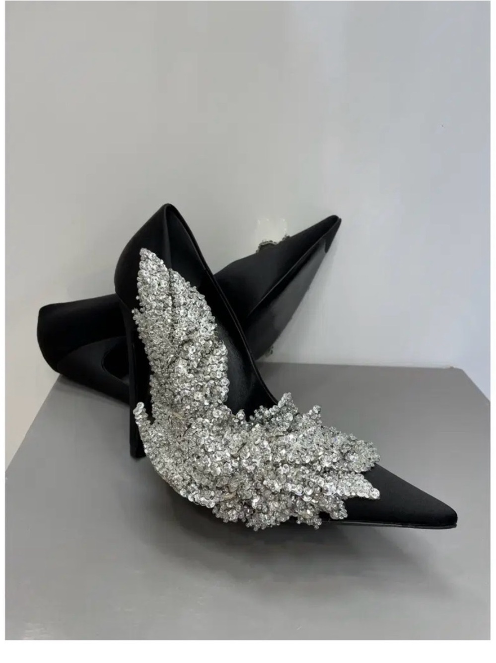 Balenciaga Black Satin Pointed Pumps with Silver Crystal Appliqué